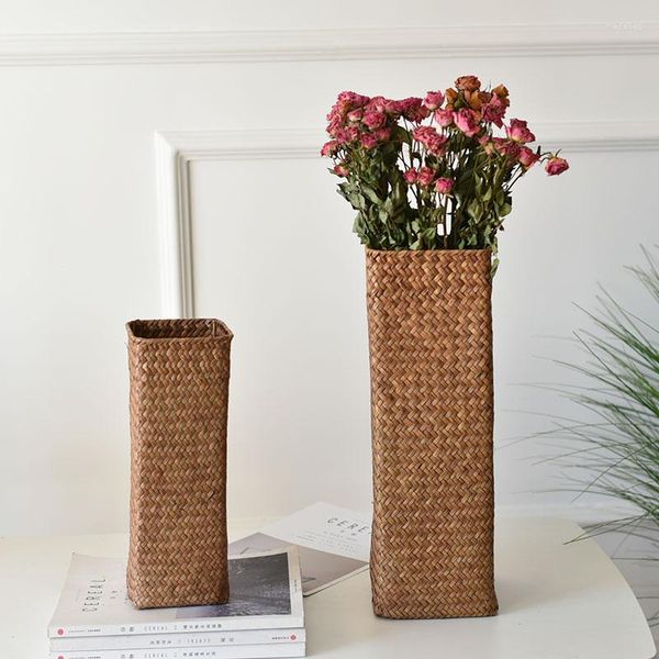 Vases Bambou Tissé Orge Oreille Fleur Séchée Vase Paille Pot Salon Arrangement Panier Bouteille