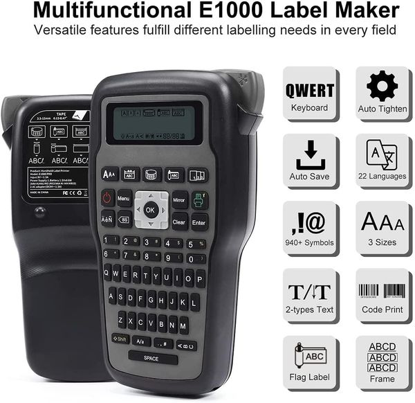 Drucker E1000 Pro -Etikettierungsmaschine mit QWERTY -Tastatursymbolen 8 Barcode -Drucketikettenmarker für Bruder Tze231 Bänder kompatibel