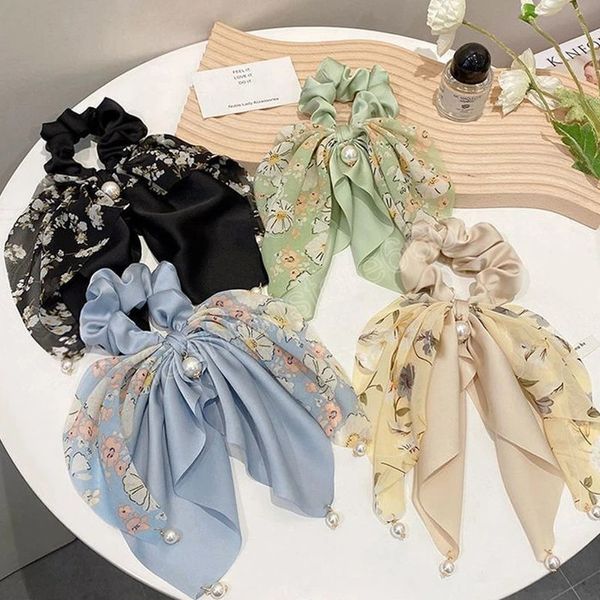 Coreano Elegante Grande Bowknot Floreale Scrunchies Per Capelli Donne Ciondolo di Perle Lungo Nastro Coda di Cavallo Sciarpa Fasce Elastiche Per Capelli Annodati