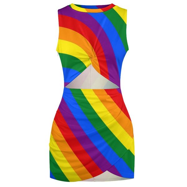 LGBT Arcobaleno Vestito Aderente Estate Gay Pride Bandiera Nuovi Abiti Donna Scava Fuori Design Coreano Vestito di Moda di Grandi Dimensioni 3XL 4XL