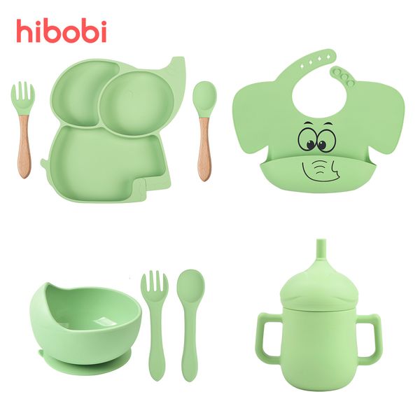 Tazze Piatti Utensili 3/6/8 PZ Piatto ventosa in silicone morbido per bambini Bavaglini con stampa elefante Stoviglie antiscivolo Ciotola Piatti per bambini Set senza BPA 230530