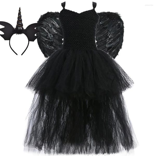 Vestidos de menina vestido preto anjo tutu antes de curto depois de longa tule cauda infantil festas de festas noturnas folhas de halloween fantasia