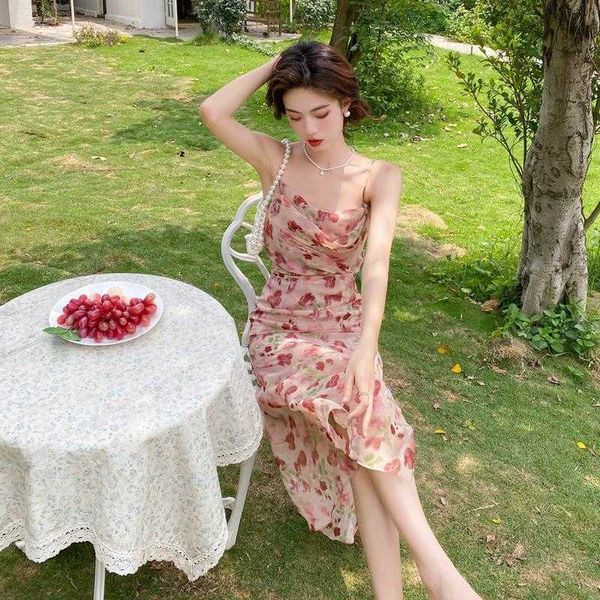 2023 Yaz Kadınlar Fransızca Baskı Çiçek Romantik Midi Elbise Vintage Plaj Zarif Moda Sundress Kore Retro Parti Elbise