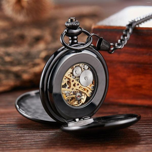 Pocket Watches Vintage Luxury Black Metal Mechanical Watch steampunk Pin Chain Men Women Pinging Clock Presente 2023