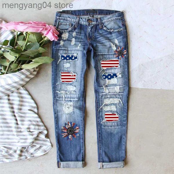 Jeans feminino verão 4 de julho 4 de julho American Independence Day Bandra Mulher rasgada Jeans Straight Jeans Denim Garota Maid Troushers Punk Nonth lápis Pants T230530