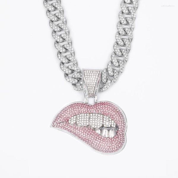 Anhänger Halsketten Iced Out Miami Cuban Link Kette Kristall Rot Sexy Lippen Halskette Für Männer Ketten Mode Charme Hip Hop schmuck Frauen