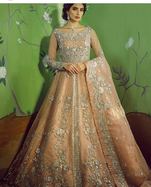 Abiti da sposa di lusso indiani pakistani Una linea di lunghezza del pavimento Abiti da sposa champagne Perline Appliques in pizzo Scollo rotondo Abbigliamento formale da donna