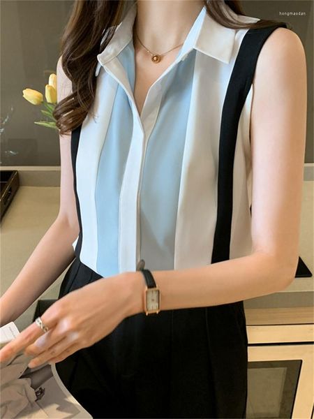 Camicette da donna TingYiLi Camicie di chiffon senza maniche a blocchi di colore Camicie da donna eleganti estive Top da donna alla moda coreana Camicetta con colletto rovesciato
