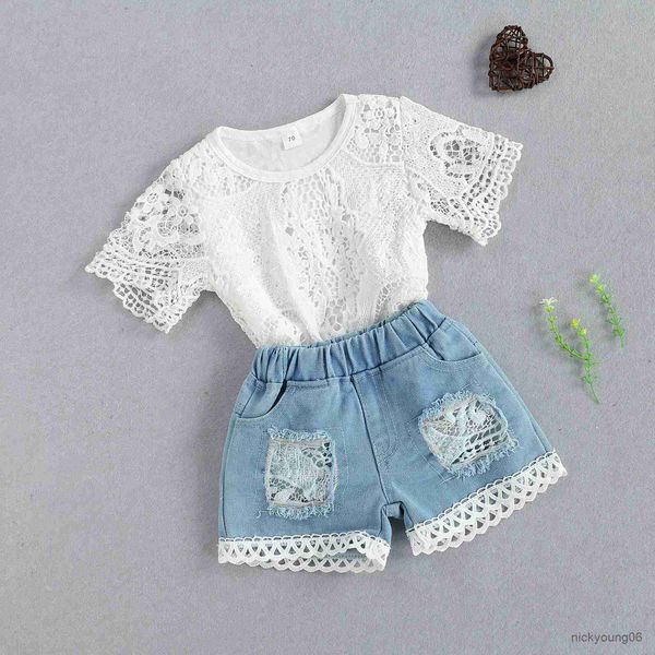 Одежда набор модных новорожденных девочек -девочек Летняя одежда Белая цветы топ и упругие джинсовые шорты 2pcs наряды
