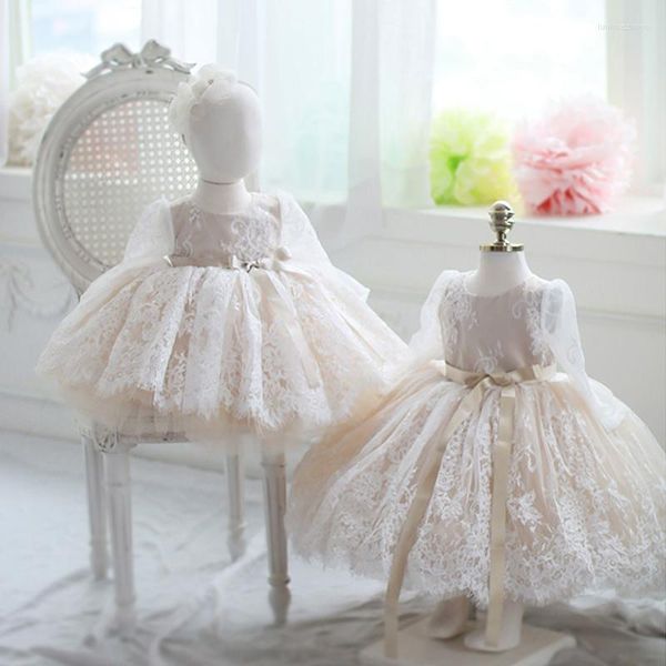 Abiti da ragazza Champagne Tulle Baby Dress Toddler Girls Infant 1 anno Festa di compleanno Abito da battesimo a maniche lunghe in pizzo nato