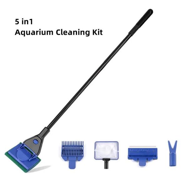 Strumenti 5 in 1 multifunzione strumenti per la pulizia dell'acquario rete per pesci rastrello per ghiaia raschietto per alghe forchetta spazzola in spugna set di detergenti per acquario in vetro