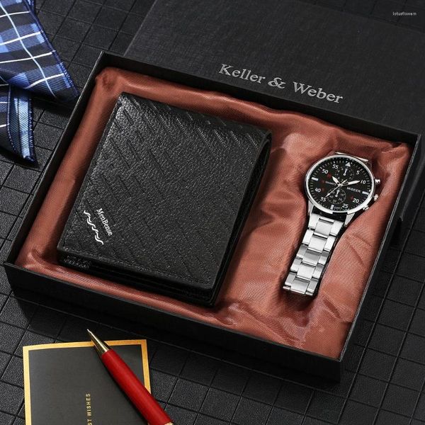 Armbanduhren Herren Business Edelstahluhr Klassisch Schwarz Leder Geldbörse Geschenkbox Set Jubiläumsgeschenke für Freund Vater