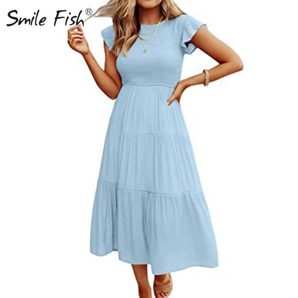 Dress Summer Beach 2022 Abiti Chic New Boho Blu chiaro Donne vestito Aline Casualmente Elegante Sundazione Sundazione Sunce Clubwear Midi G1083