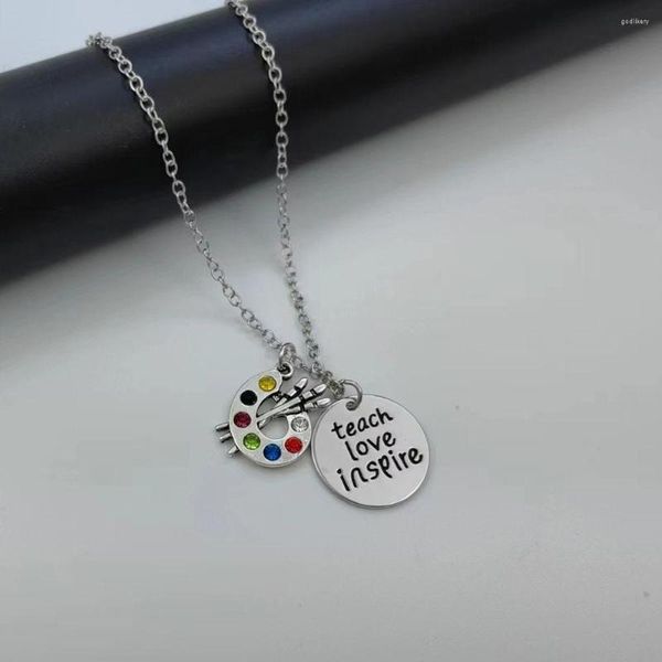 Halsketten mit Anhänger „Teach Love Inspire“ Lehrerschmuck Künstlerpalette Pinsel Halskette Kunstlehrergeschenke