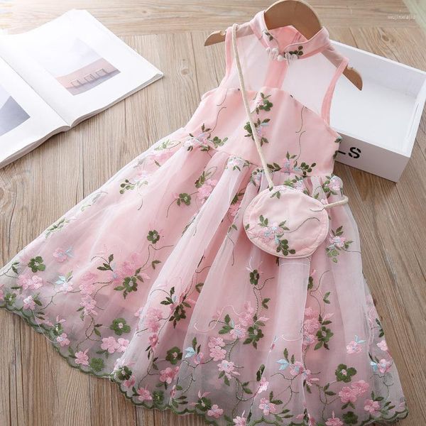 Mädchen-Kleider, Sommer-Blumenkleid mit Tasche, lässiges Kleid für Mädchen, Alltagskleidung, Kinder, Blumen-Vestidos, Prinzessin, niedliche Tüll-Robe, knielanges Kind-Kleid