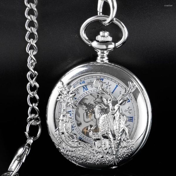 Карманные часы Deer Sculpture Double-Open Watch Mechanical Mensing Style Steam Punk Punk Corlece Chain Цепь римские цифровые часы подарок