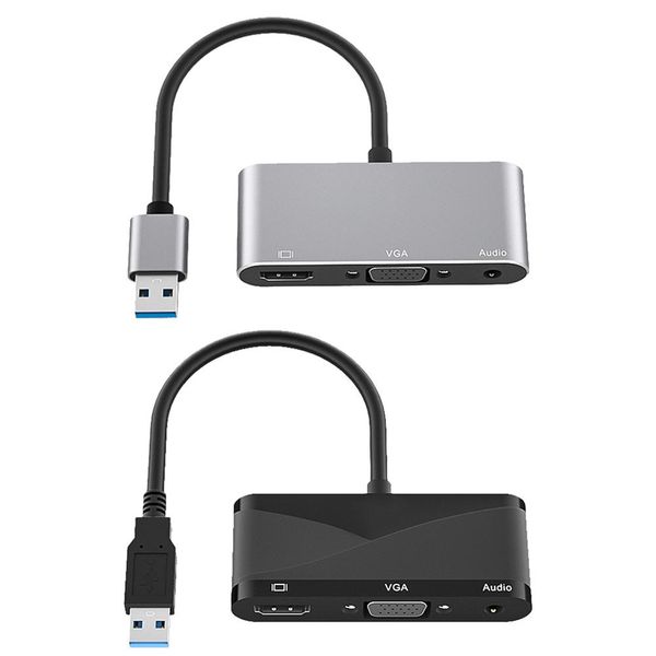 Hubs USB 3.0 para VGA H DMicompatible 3.5 Adaptador de áudio Hub 3 em 1 1080p HD Multidisplay Splitter para Windows 7/8/10