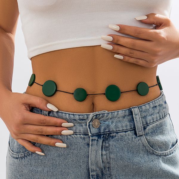 2023 neue Punk Grün Flache Runde Holz Perlen Charme Bauch Taille Kette für Frauen Schmuck Trendy Einstellbare Wachs Linie Körper kette Strand