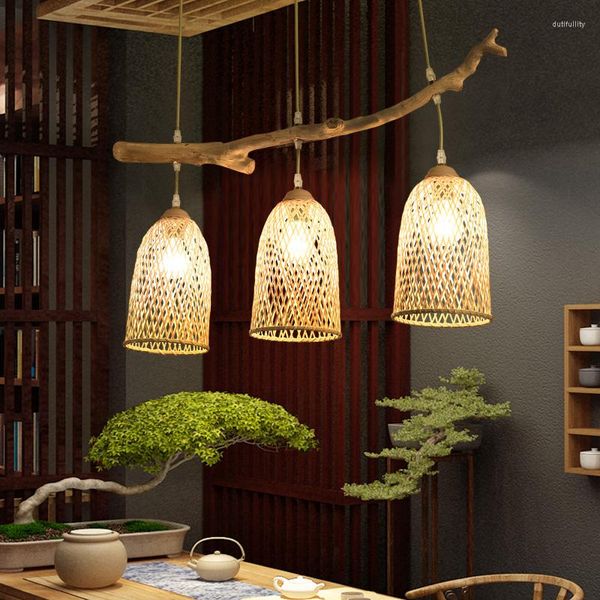 Lâmpadas pendentes de personalidade criativa Ramo de lâmpada de bambu arte tecendo restaurante japonês Chandelier Office