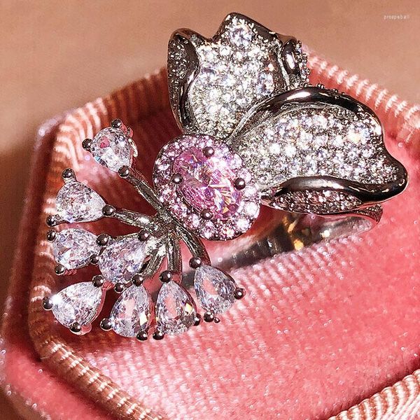 Cluster-Ringe, übertriebener unregelmäßiger Paarring für Frauen, Blumen, durchbrochene Blätter, ovaler rosa Kristall voller Diamanten, Hochzeitsgeschenk, Schmuck