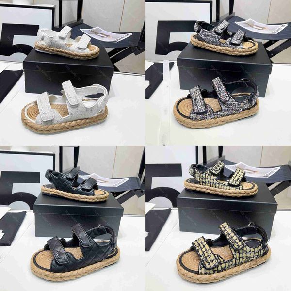 Papa Seil Sandale Baumwolle Tweed Sandalen Designer Slide Frauen Gras Hanf Slide Sommer Flache Slingback Pailletten Slides Mit Box