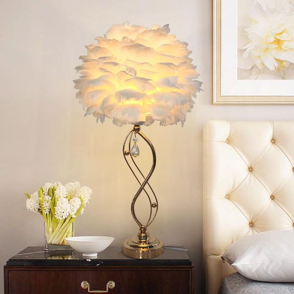 Table Lamps Modern Feather Crystal Gold Bedside Reading Room Living Bedroom EU Plug E27 Illumination