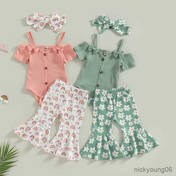 Completi di abbigliamento Infantile Neonate Vestiti estivi Spalla a coste Bowknot Bottone Pagliaccetto Fiore / Stampa arcobaleno Pantaloni Set fascia