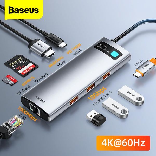 Hubs Baseus 4k 60Hz USB C Tipo C Tipo C a Hdmicompatível RJ45 PD100W Splitter Adaptador USB 3.1 para MacBook Air Pro Laptop Dock Station