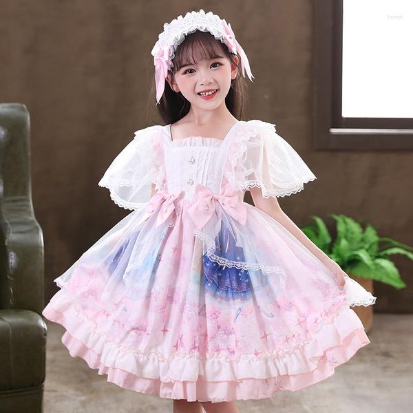 Девушка платья детские платье лолита розовое кружевное лук милые милые девушки Принцесса Летнее день рождения платье для бала 3-15 лет.