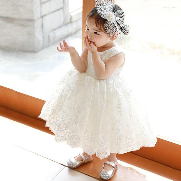 Abiti da ragazza Abito da bambino Pizzo Tulle Senza maniche Nato Prom Battesimo Neonato 1 anno Abbigliamento da compleanno Abito da ballo per battesimo del bambino