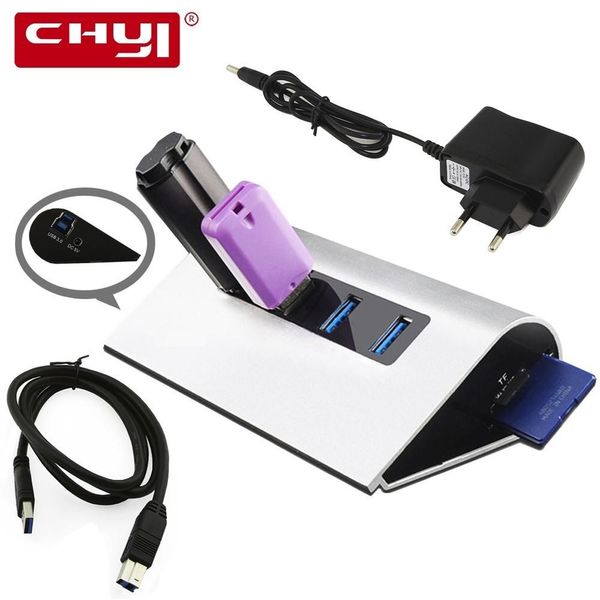 Hubs chyi 4 portas USB 3.0 Hub múltiplo expansor de alta velocidade hub splitter sd/tf leitor de cartão tf com combinação de adaptador de energia para laptop para PC