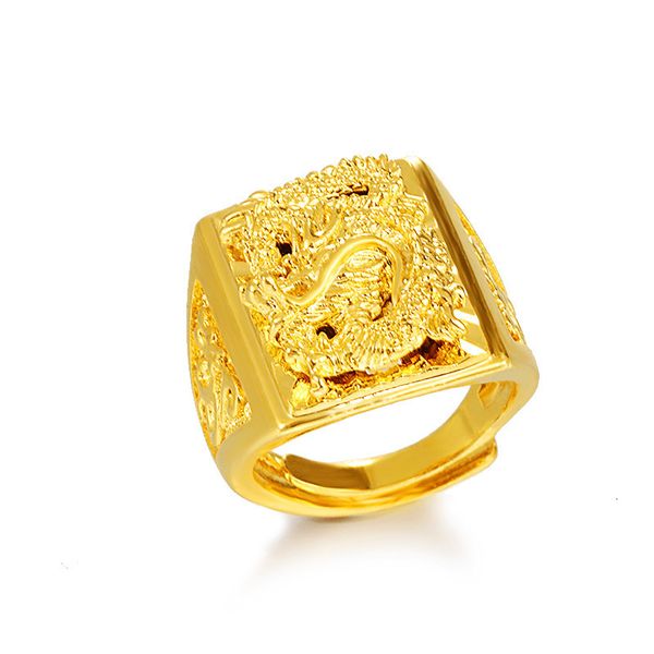 Кольцо для солистона 24K Чистое желтое золото кольцо для мужчин роскошные гравюры дракона регулируемые кольца джентльмен свадебная вечеринка тенденция подарка 230529