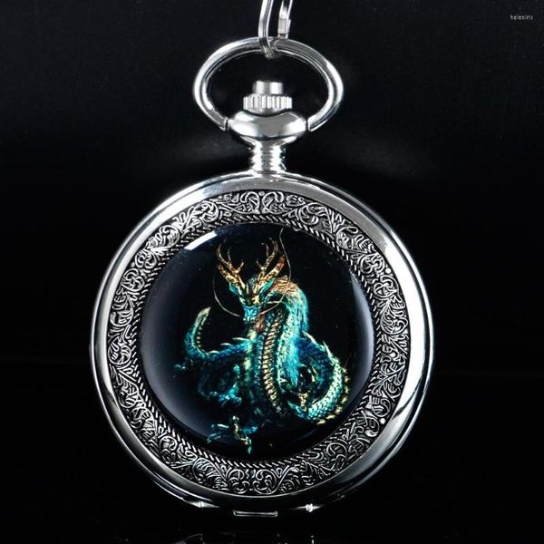 Pocket Watches Silver Green Dragon Patch Mechanical's Watch's Watch Double Suded Roman Dial Clock Wind com FOB Chain Gift PJX1410