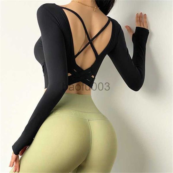 Fatos de treino femininos Sexy Inner Padded Sport T-Shirt Women Long Sleeve Crop Top Fitness Running Workout Shirt Gym Athletic Clothing J230525