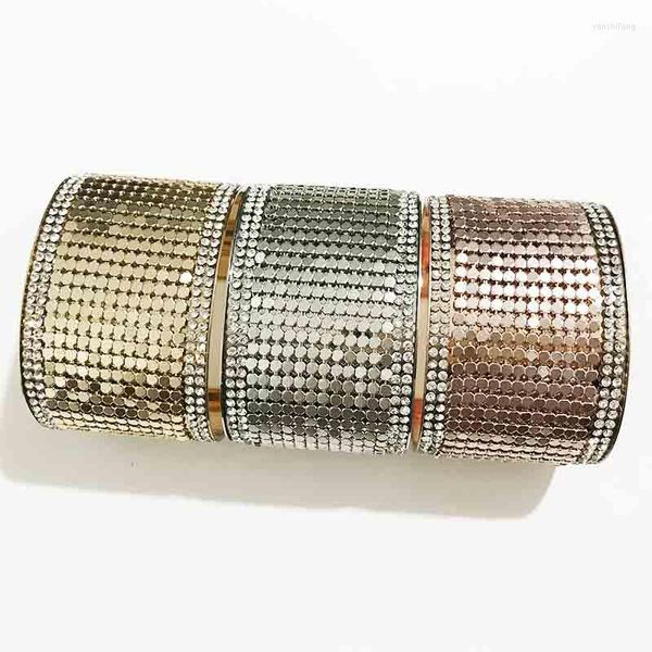 Bracciale rigido oro / rodio / oro rosa strass colore polsino aperto largo cotta di maglia intarsio bracciali in metallo braccialetti per gioielli moda donna