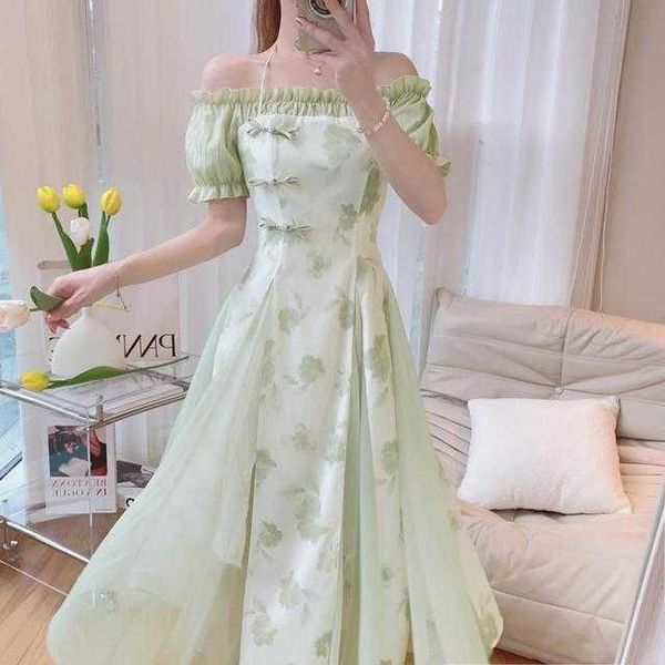 Sommer Mesh Chinesischen Stil Kleid Frauen 2023 Neue Französisch Chic Print Floral Büro Dame Qipao Cheongsam Elagant Druck Party Vestidos