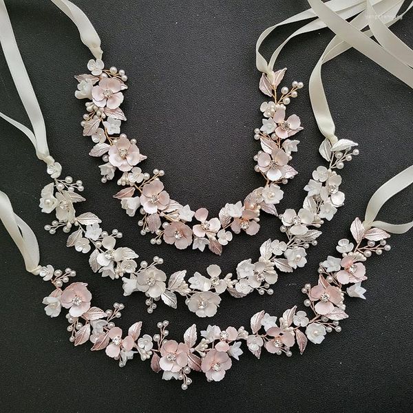 Pinzas para el pelo SLBRIDAL, aleación hecha a mano, flor, hoja, diamantes de imitación, diadema nupcial de cerámica, tocados de boda, damas de honor, joyería para mujer