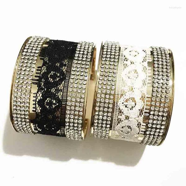 Armreif Gothletic Lace Rhinesto Intarsien Offene Manschette Goldfarben Metall Breite Armbänder Armreifen Für Frauen Modeschmuck 44x65 MM