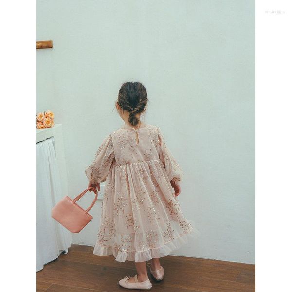 Mädchen Kleider 2023 Frühling Baby Mädchen Rosa Prinzessin Pailletten Puff Sleeve Ballkleid Kinder Geburtstag Party Kleid