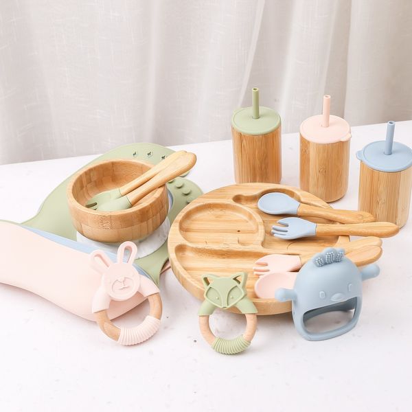 Utensílios de pratos de xícaras 7pcs/conjunto de tabela infantil Baby Bowl Plate Farquilheira Copa Copa Felando alimentos Bamboo Tableware com sucção de silicone Cup 230530