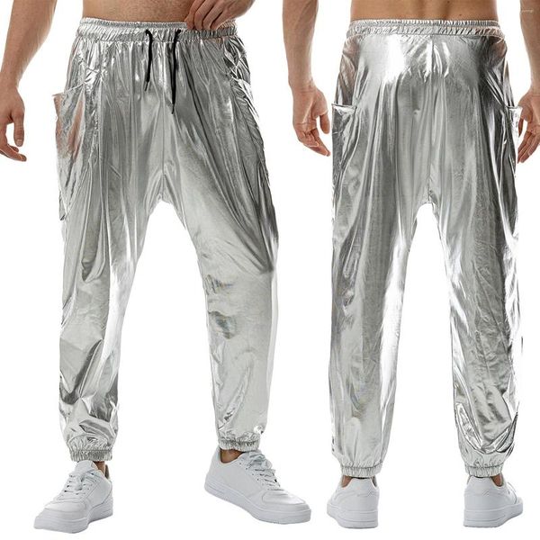 Männer Hosen Männer Metallic Shiny Hip Hop Mode Kordelzug Elastische Bund Hosen Halloween Disco Thema Party Kostüm