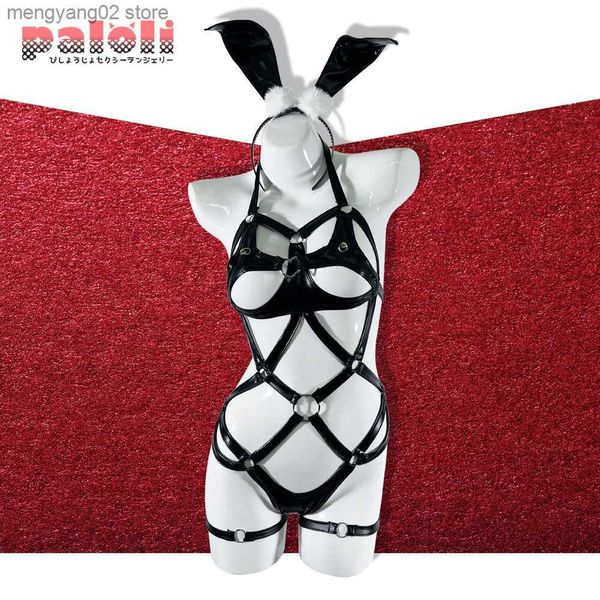 Sexy Set Women Bunny Cosplay vem Hollow Out Corpo Full Corpide Leather Lingerie Halter pescoço Bondage Bodysuit erótico 2021New T230530