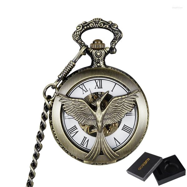 Taschenuhren Luxus Vogel mechanische Uhr Vintage Mann Uhr mit Fob Kette Steampunk Skelett für Männer chinesische Fabrik Anhänger