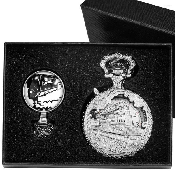 Taschenuhren Steampunk Zug Quarzuhr Geschenkbox-Sets für Männer Frauen LED-Licht Zifferblatt Anhänger Halskette Antikstil Vatertagsgeschenke