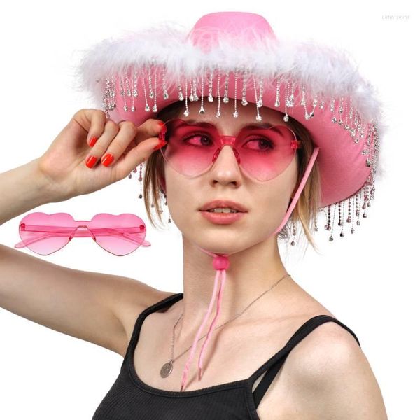 Берец Dazcos Cool Western Cowboy Hat Pink Cowgirl с перьями и солнцезащитными очками в форме страза