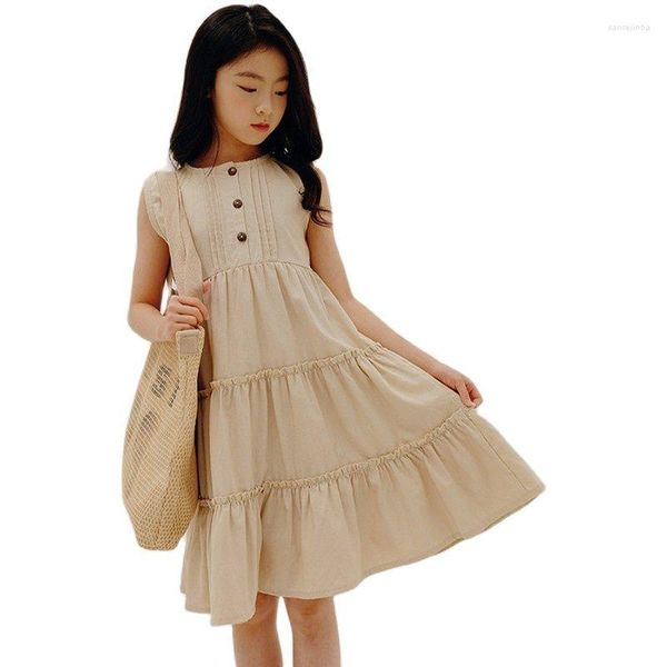 Девушка платья корейский стиль свободного стиля для девочек летний рукавиц абрикот хлопок повседневный салат детский платье для вечеринки.