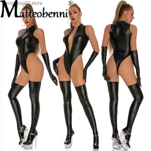 Sexy Set Damen PU Kunstleder Latex Body + Handschuhe + Strumpf Sexy High Cut Dessous Sexy Strumpfhosen Catsuit Einteiler Tanga Bühnenkleidung T230530