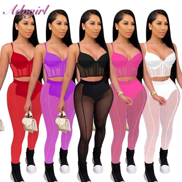 Anzüge sexy schiere Mesh Sommer 2 Piece Set 2022 Fitness Tracksuit Solid, trägerlos gepolstert Crop Top Leggings Pants Party Club Matching Set