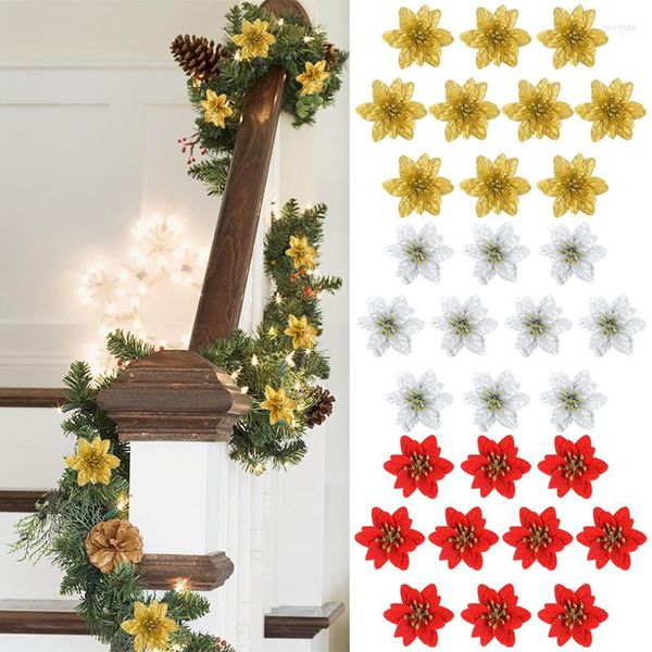 Flores decorativas 10pcs natal artificial vermelho de ouro de ouro enfeites grandes cabeças de flores para o ano em casa a decoração de festa da Navidad