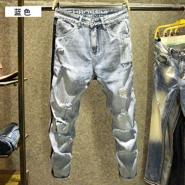 Erkekler Kot Moda 2023 Lüks Erkekler Kore tarzı Bollü Kargo Kovboy Hip Hop Sokak Giyim Yırtık Delik Wash Düz Erkek Denim Pantolon